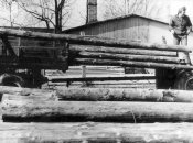 Duben 1972. Dřevo získané s polesí se nakládá a odváží do Radiměře na řezání.